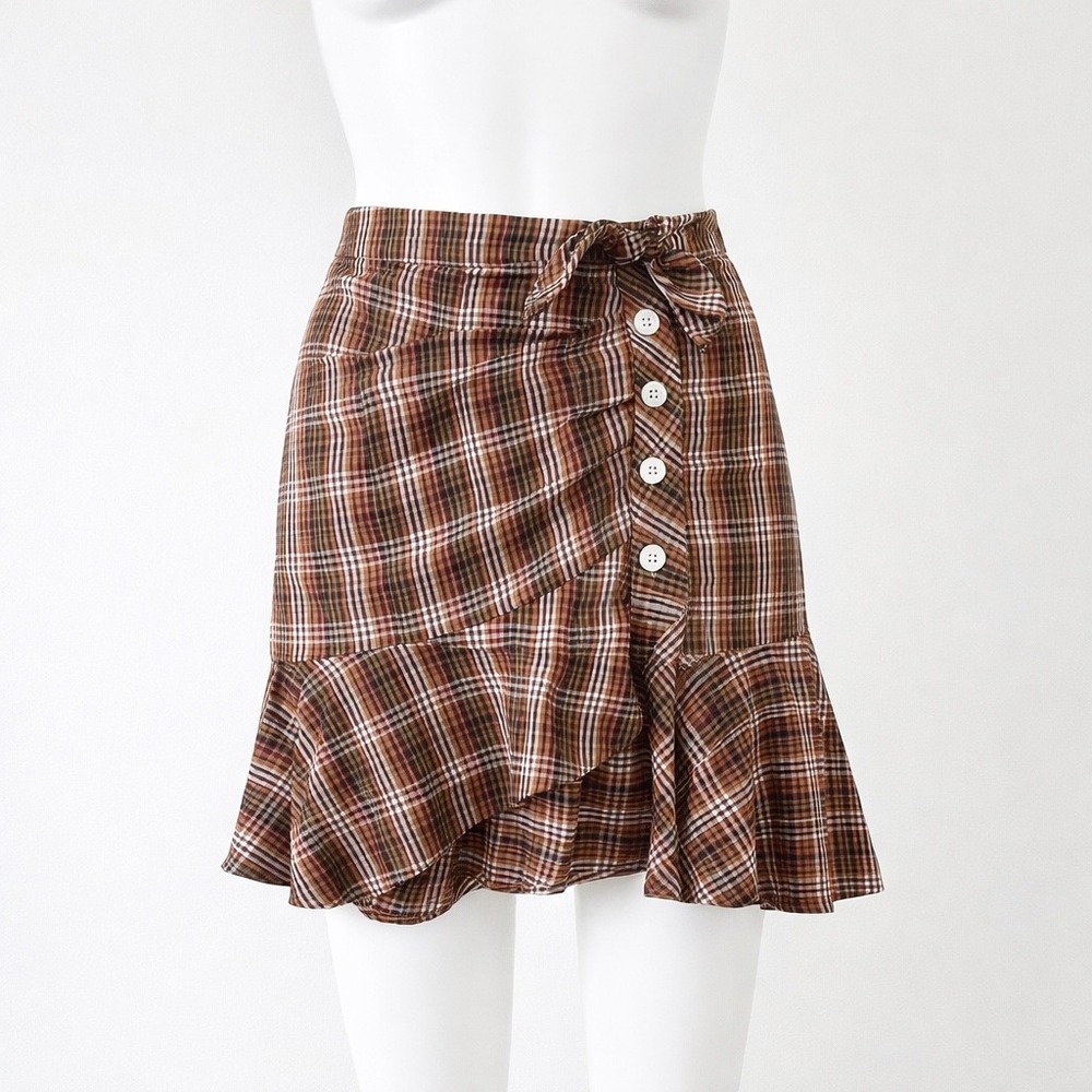 Veronica Beard Kaia Brown Plaid‎ Ruffle Mini Skirt Women's Size 0
